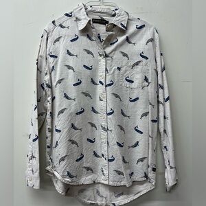 United By Blue Hemp Cotton Narwhal Whale Button Up Shirt Size Large Men’s